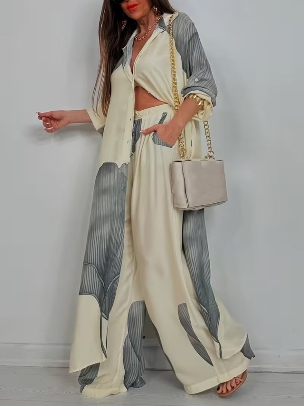 Cream Gray Abstract Print 2 Piece Long Shirt Wide Leg Pant Set XL